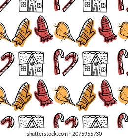 Christmas pattern black line and color spot. Seamless pattern. Colorful New Year elements. Hand drawn vector illustration