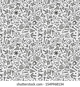 christmas pattern black line style consisting of christmas toys - santa, deer, christmas ball, gift, snowflake for decoration, web site, calendar, cover, flyer, poster, greeting card. Vector 10 EPS