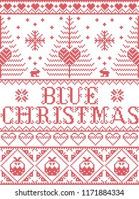 Christmas pattern Blue Christmas carol vector seamless pattern inspired by Nordic culture festive winter in cross stitch with heart, snowflake, snow ,Christmas tree, reindeer, in red and white 
