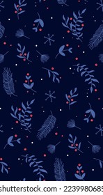 Patrón navideño en colores azules. Concepto de invierno de nieve con rowan rojo y hojas de árbol de Navidad. 