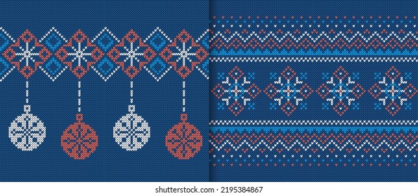 Christmas pattern. Blue knitted prints. Knit sweater texture. Set Xmas winter background. Holiday fair isle traditional ornament. Festive ugly crochet. Wool pullover. Vector illustration