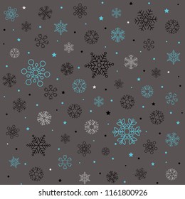 Christmas pattern with blue snowflakes, stars and dots isolated on dark background. Fits perfectly for print or any christmas background.