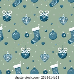 Christmas pattern with blue socks, blue balls, snowflakes on a green background. Seamless background perfect for use in textiles, wallpapers, and festive decorations.