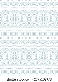 Christmas pattern in blue and white for gift paper with nordic snowflakes and Xmas trees. Seamless pixel fair isle border vector for jumper, socks, mittens, other winter holiday fashion print.