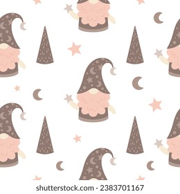 Christmas pattern with boho christmas gnome, christmas tree, moon and stars. Festive background with hand drawn elements, vector illustration.	