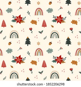 Christmas pattern with boho rainbows, flowers and tress. Cute hand  illustrated holiday elements.Seamless Pattern perfect for gift wrap, textile, cards.