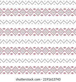 Christmas pattern border in red and grey. Seamless cross stitch nordic pattern with snowflakes for jumper, sweater, skirt, gift wrapping, or other modern New Year textile design.