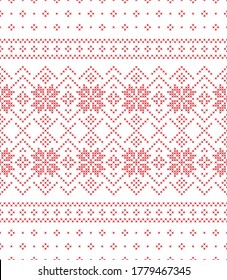 Christmas pattern border in red and white. Seamless cross stitch nordic pattern with snowflakes for jumper, sweater, skirt, gift wrapping, or other modern New Year textile design.