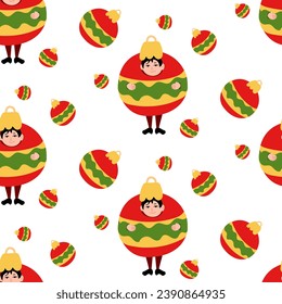 Christmas pattern. A boy dressed as a round Christmas tree toy along with other toys on a white background. A child in a Christmas ball costume for celebrating New Year and Christmas. Family holiday