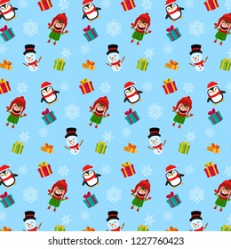 Christmas pattern. Boy Snowman and Penguin