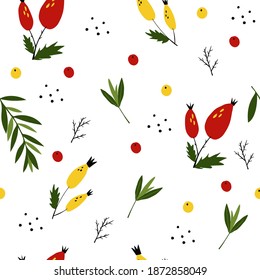 Christmas pattern with branches and berries. Red and yellow berries on a white background. Natural pattern for fabrics, paper, banners.