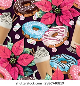 Christmas pattern. Christmas bright seamless vector pattern. Poinsettia flowers, sweets, candies. Festive New Year's ornament