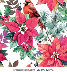 Christmas pattern. Christmas bright seamless vector pattern. Poinsettia flowers, cardinal bird, Christmas tree branches, holly flower, berries. Festive New Year's decoration.