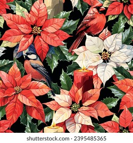 Christmas pattern. Christmas bright seamless vector pattern. Poinsettia flowers, bullfinches and cardinal birds, Christmas tree branches, holly flower, berries. Festive New Year's decoration.