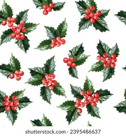 Christmas pattern. Christmas bright seamless vector pattern. Holly flowers and leaves, berries. Festive New Year's decoration.