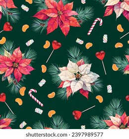 Christmas pattern. Christmas bright seamless vector pattern. New Year tree, poinsettia flowers, lollipops, candies, tangerines, marshmallows, marshmallows, citrus fruits, candies, sweets.