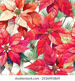 Christmas pattern. Christmas bright seamless vector pattern. Poinsettia flowers. Festive New Year decoration.