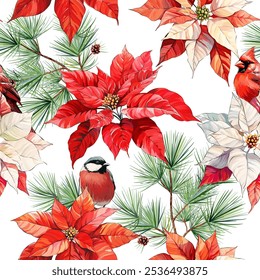 Christmas pattern. Christmas bright seamless vector pattern. Poinsettia flowers. Festive New Year decoration.