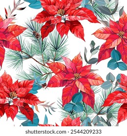 Christmas pattern. Christmas bright seamless vector pattern. Poinsettia flowers. Festive New Year decoration.