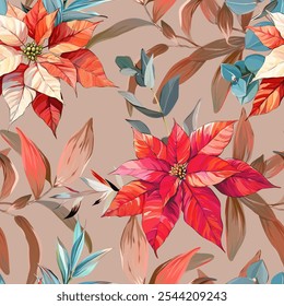 Christmas pattern. Christmas bright seamless vector pattern. Poinsettia flowers. Festive New Year decoration.