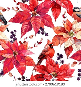 Christmas pattern. Christmas bright seamless vector pattern. Poinsettia flowers. Festive New Year decoration.