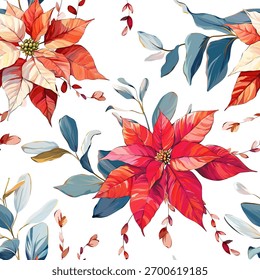 Padrão de Natal. Natal brilhante padrão vetor sem emenda. Flores de Poinsettia. Decoração festiva de Ano Novo.