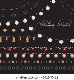 Christmas pattern brushes. Seamless borders.  Decorative elements for cards, banners, invitations. Vector. 