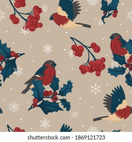 Christmas pattern with bullfinches, red berries and snowfall
