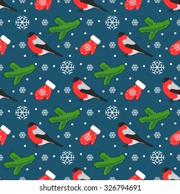 Christmas pattern. Bullfinches, snowflakes and fur-tree branch.