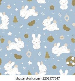 Patrón navideño con conejito y bolas. Año Nuevo. patrón sin costuras para papel, envoltura, ropa, textil, papel pintado. Ilustración del vector