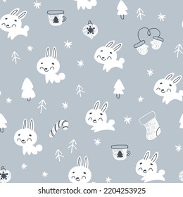 Christmas pattern with bunny and tree. New Year. seamless pattern for paper, wrapping, clothing, textile, wallpaper. Vector illustration