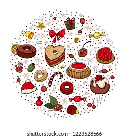 Christmas pattern of cake, pie, Christmas berry, stars.  The pattern in the circle.