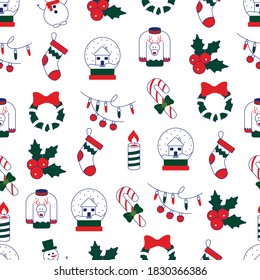 
Christmas pattern candle, gift sock, holly,snowman, Seamless pattern with Christmas and New Year icons, Christmas present, Merry Christmas and New Year, vector illustration in flat style.