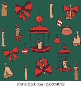 Christmas pattern with candles, balls, lanterns, bells on green background. Perfect for winter holidays, New Year, greeting cards, wrapping paper.