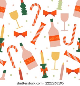 Christmas pattern with candles, champagne, glasses, lollipop and bow. Holiday vector background with various objects