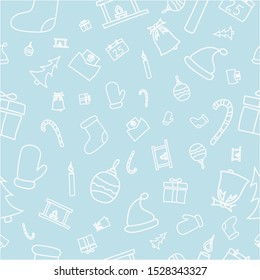 Christmas pattern. Candles, Christmas tree, fireplace, gifts, mittens. White on a light blue background.