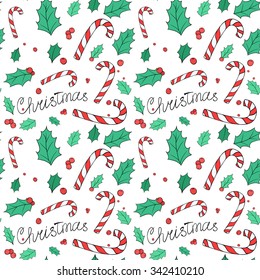 Christmas pattern with candy cane, ilex and text 