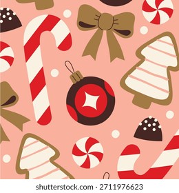 Christmas pattern with candy cane, ornament, tree cookie, bow, peppermint, and confetti in seamless repeat, clean linework, geometric shapes. Holiday motif repeats. Cartoon vector illustration