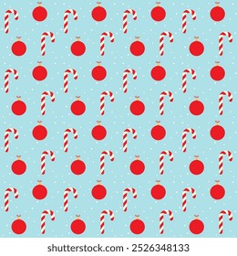 Christmas pattern with candy canes and Christmas balls. Background with candy cane. Christmas blue background.