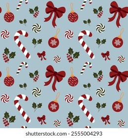 Christmas pattern. Christmas Candy canes, bows, Christmas tree balls. Background, wrapping paper. New year and winter, Christmas holidays and gifts.