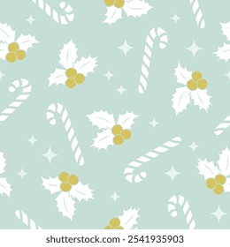 Christmas pattern with candy canes, holly leaves and golden berries on a light green background. Seamless holiday design. 