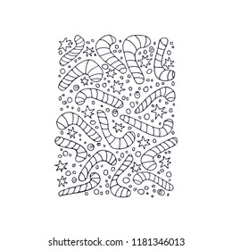 Christmas pattern with candy canes and stars. Doodle style. Design element for leaflets, greeting cards or coloring book. Holiday illustration.