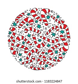 Christmas pattern with candy canes and stars. Doodle style. Design element for leaflets, greeting cards or posters.