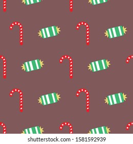 Christmas pattern with candy canes and wrapped candy.