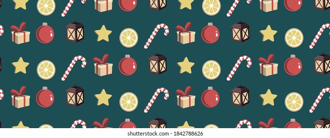 Patrón navideño con caramelos, estrellas, pelota, caramelos, regalo, limón, linterna. Patrón lindo en el fondo verde oscuro.