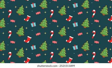 Christmas pattern with candy, Xmas tree, gift box and green background. Vector illustration for printing on fabric, packaging paper, web background, cover design.