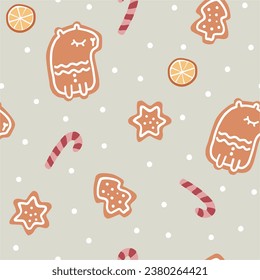 Christmas pattern. Christmas Capybara cookies. Seamless pattern.