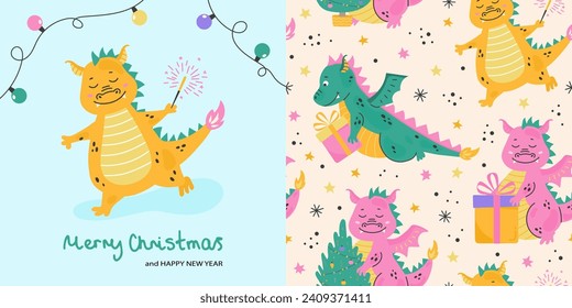 Christmas pattern and card with cute dragon