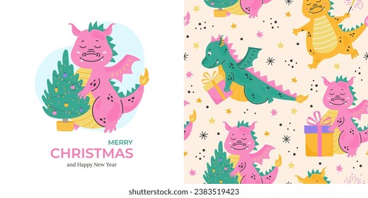 Christmas pattern and card with cute green dragon