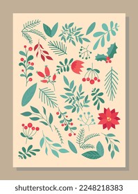 Christmas pattern card. Poster or banner for website. Christmas and New Year flowers, winter season sign. Holiday, event and festival. Gift, present or surprise. Cartoon flat vector illustration